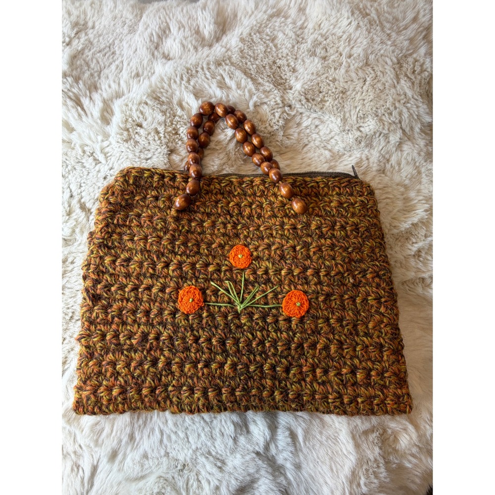 Vintage Handmade Crochet Floral Handbag Wood Bead Handle Twee Cottagecore Brown